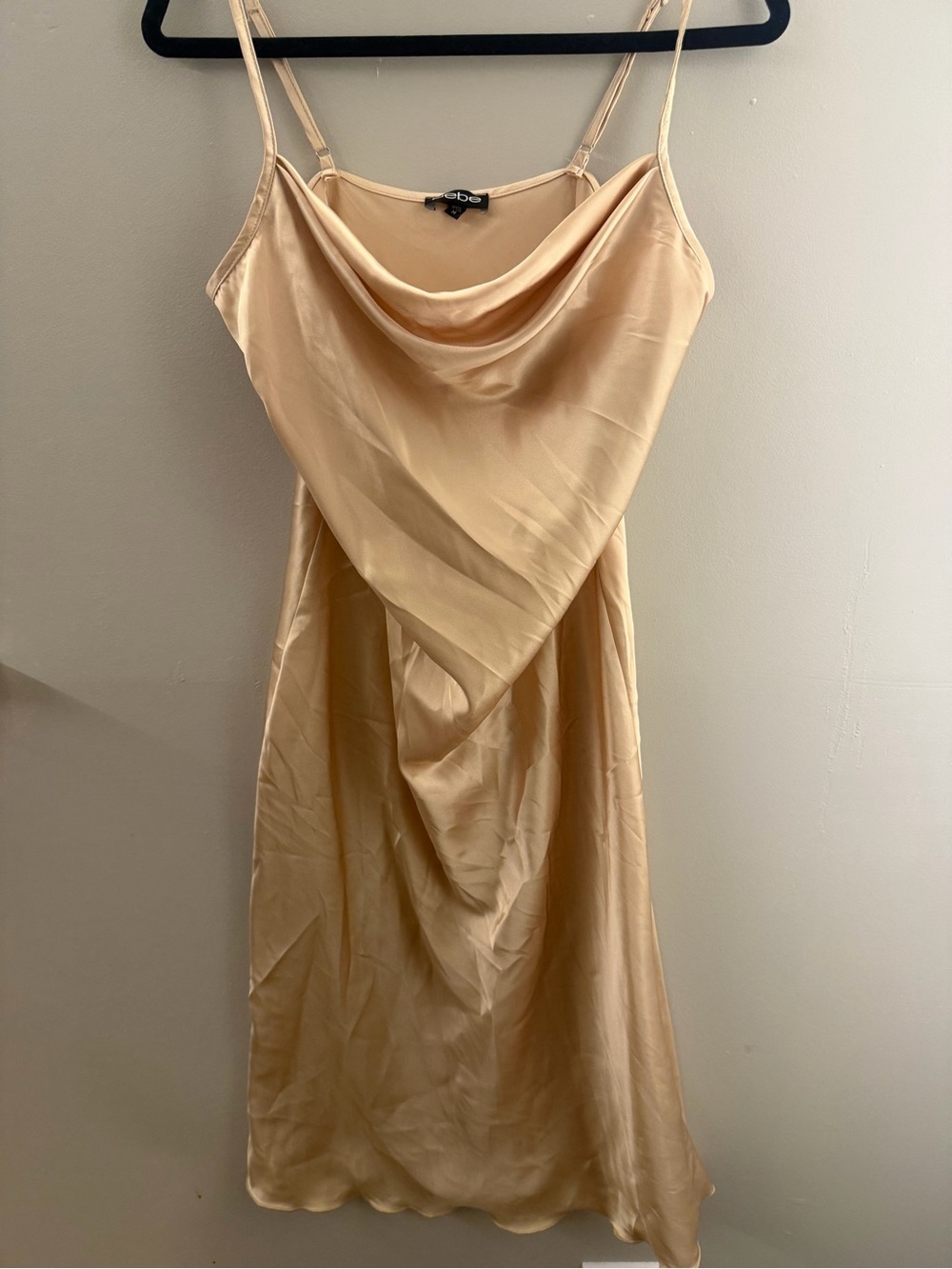 bebe Satin Cowl-Neck Midi Dress in Champagne Gold